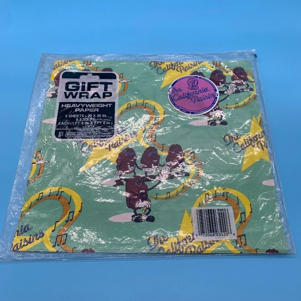 Vintage 1988 The California Raisins Gift Wrap 2 Sheets Heavyweight Paper 20x30
